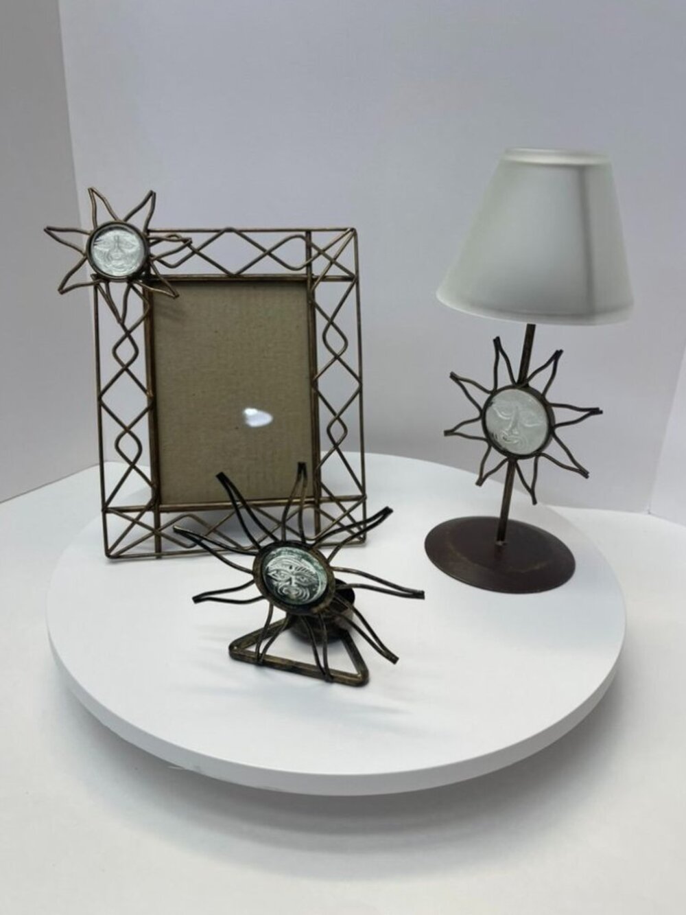 Y2K Celestial Sun Metal & Glass Decor Set Frame + Tealight Holders
